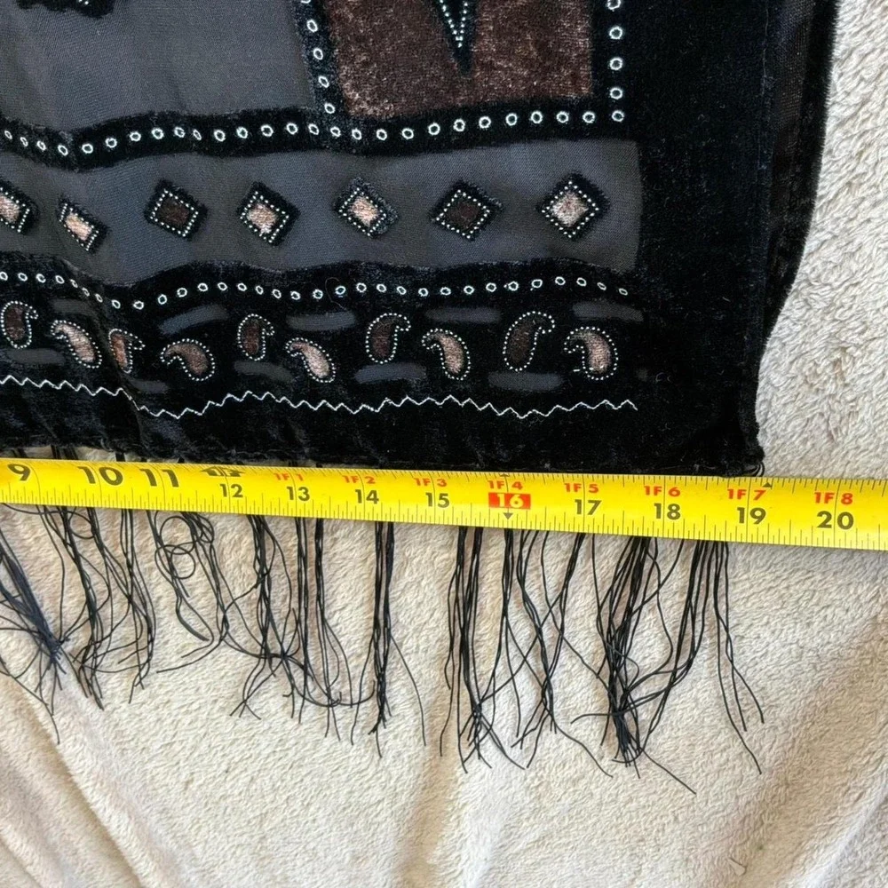 Velvet Burnout Beaded Paisley Fringe Shawl Wrap Black Bronze Boho Witchy